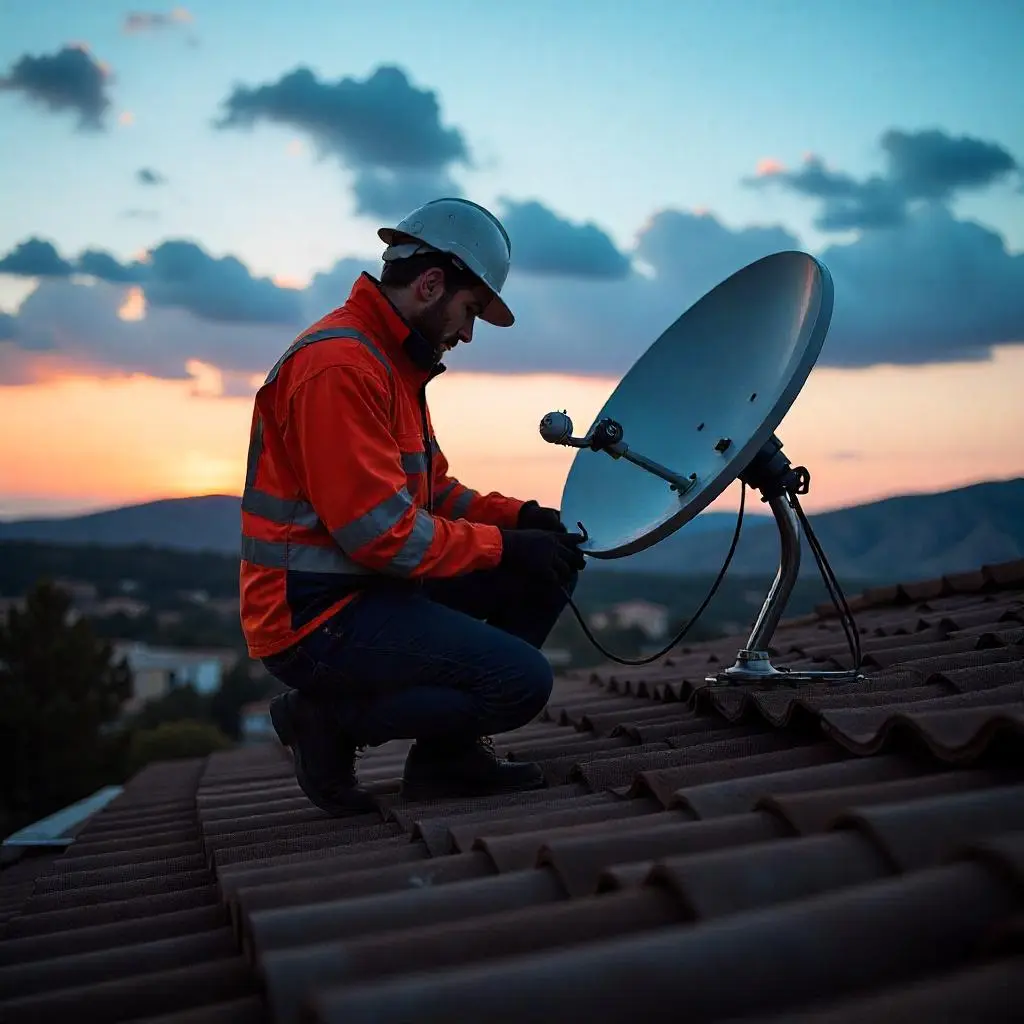 Técnico instalando una antena de radioenlace en el tejado de una empresa rural.